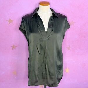 Mint Velvet Top Women Size Large Green Silk Capped Sleeve Shift Classy Feminine